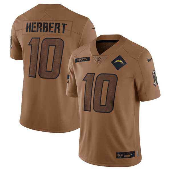 Men%27s Los Angeles Chargers #10 Justin Herbert 2023 Brown Salute To Service Limited Football Stitched Jersey Dyin